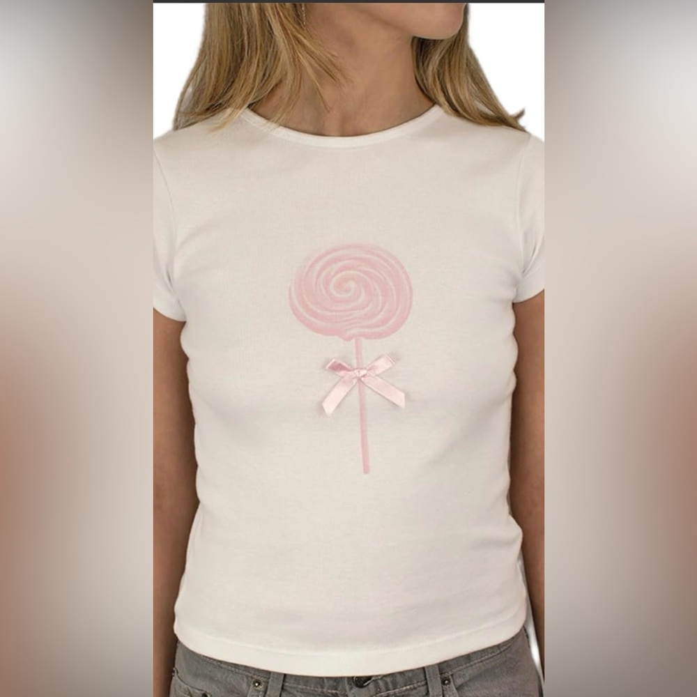 Not A Morning Person Women’s Y2K White Baby Tee with Pink Lollipop Design NWT